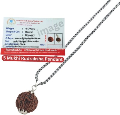 Fine Creation 5 Mukhi Rudraksha With Lab Certified, Silver Beads Brass, Wood Pendant Set