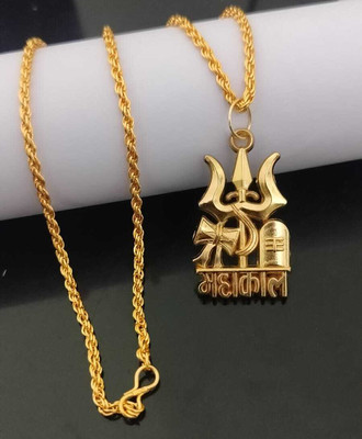 Bee Style Gold Plated Shiva Trishul om damroo Mahadev Chain Pendant Locket for Men Women Gold-plated Brass Locket
