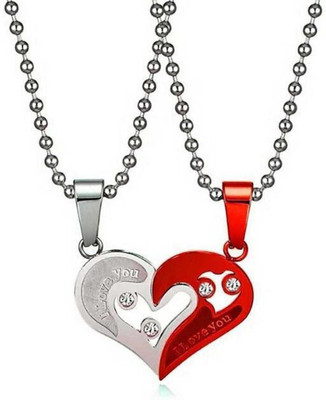 Alviira VALENTINES COUPLE HEART SHAPE DUAL PENDANT (I LOVE YOU) (2PC SET) RED/SILVER Stainless Steel Pendant