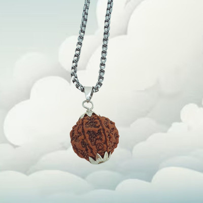 Madhur Creation Real Five Faced Rudraksha 5 Mukhi Rudraksha Pendant in Silver Beads Brass, Wood Locket Set