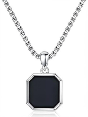 VIANSH Men’s Silver Chain with Black Geometric Silver Stainless Steel Pendant Set