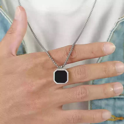 Animated Pendant for Men, Square Natural Stone Necklace Silver Stainless Steel Locket