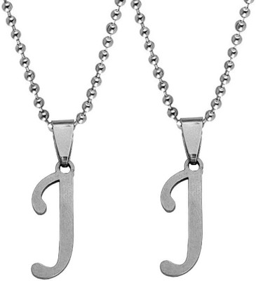 Murliwala Set Of 2 Silver Name English Alphabet 'J' Letter Pendant Locket Necklace Chain Silver Stainless Steel Locket Set