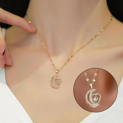 AMRHA Stylish Moon Heart Pendant with Gold-plated Cubic Zirconia Stainless Steel Pendant Set