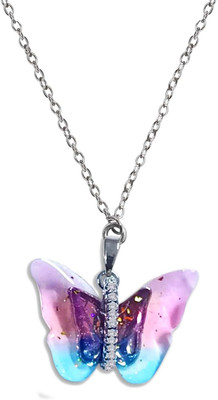 De-Ultimate Pink 
Nug Colorful Butterfly Wing Locket Pendant Necklace With Clavicle Chain Stainless Steel Pendant Set