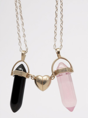 RAPPERSSHOP Heart Magnetic Hexagonal Glass Crystal Point Couple Pencil Pendant Sterling Silver Stainless Steel Pendant Set