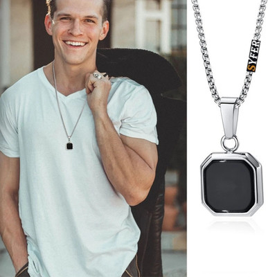 Riingzinee Black Onyx Octagon Inlay Square Pendant/Necklace, Men Black Onyx Amulet Pendant Silver Stainless Steel Pendant