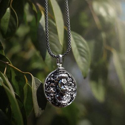 house of common Men's Silver Chain with Hanuman Pendant Rhodium Sterling Silver Stainless Steel Pendant