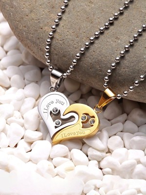 YELLOW CHIMES Lovers Heart I Love You Engraved Rhodium Alloy Pendant Set