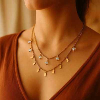 Vv-Sons 18K gold double line Anti Tarnish chain Gold-plated Stainless Steel Pendant Set