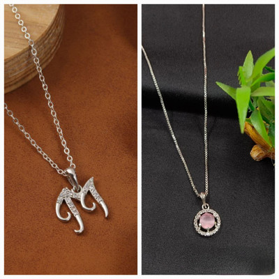TRP Combo- 1st Sparkling Initial 'M' Pendant and 2nd Modern Round Pendant Silver Alloy Pendant Set