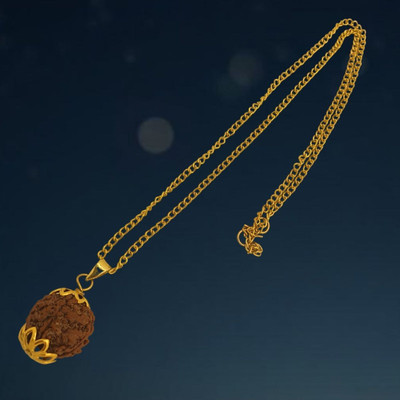 Bharat Collection Real Five Faced Rudraksha 5 Mukhi Rudraksha Pendant in Gold-plated Beads Brass, Wood Locket Set