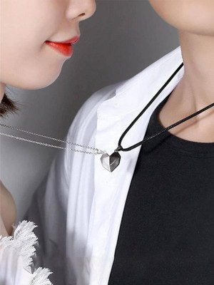 Whitechimes Matching Magnetic Heart Couples Pendant for Lovers, Valentine day Gift Black Silver Stainless Steel Pendant Set