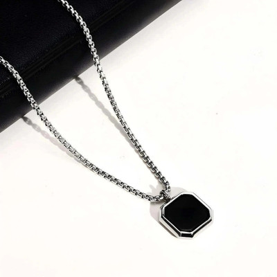 vs unique collections Geometric Black Square Natural Stone Pendant Locket With Silver Chain Silver Stainless Steel Locket Set