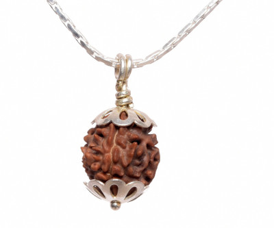 Jewelswonder ARKAM Three Mukhi Rudraksha with Silver Pendant and Silver Chain / Original Nepa Wood Pendant