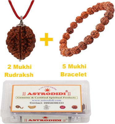 Astrodidi 2 Mukhi Rudraksha Pendant and Bracelet | Combo Two Face Rudraksha and Bracelet Silver Wood Pendant