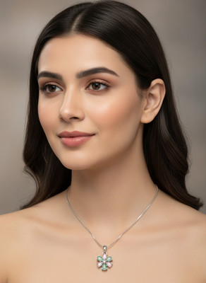 ratmanee Elegant Floral Pendant Necklace with Pink & Green Gemstones Sparkling Flower Silver Brass