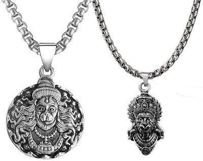 BigWheels Mahabali Ram Bhakt Hanuman Coin Design And Face/Head Locket Pendant Necklace Stainless Steel Pendant Set