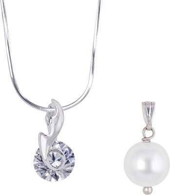 TAP Fashion Silver Whitegold Plated Curve Leaf Pendant and Pearl Pendant with Chain Silver Cubic Zirconia Copper