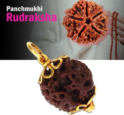 JangraBro 5 Mukhi Rudraksha Five Faced Charr Nepali Rudraksh Bead Original & Certified Gold-plated Beads Wood Locket Set