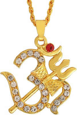 Morvi Gold Plated CZ Mahadev Shiv Symbol Half Moon, Damru, Om Trishul Pendant Gold-plated Cubic Zirconia Brass Pendant
