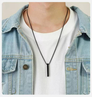 ruby collection Combo of Black & Silver Color (2Pcs) Vertical Bar Pendant Silver Plated Stainless Steel Chain