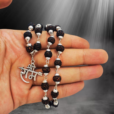 FLY PL STORE Rudraksha Mala with Silver-Plated Cap With Ram/Om/Ram Lala Pendal For Unisex Silver Beads Brass, Wood Locket