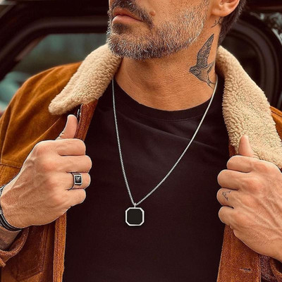 Animated Black Octagon Inlay Square Pendant/Necklace, Men Black Onyx Amulet Pendant Black Silver Stainless Steel Pendant