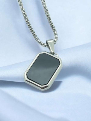 REVELATIONCART Men's Rectangular Black Onyx Pendant with Chunky Stainless Steel Chain Silver Brass Locket Set