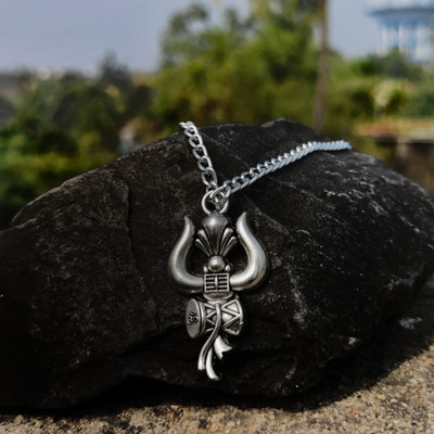 Brotherskart Trishul Damroo Mahakal Shiva Mahadev Locket with Chain Pendant for Boys Men Silver Stainless Steel Pendant Set