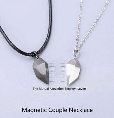 EndlessFashion Diamond Cut Magnetic Broken Heart Love Couple Locket Pendant With Chain & Rope Silver Stainless Steel Pendant