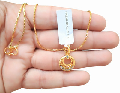 SAPNAPALACE CRICLE CRISSENT GOLD DIMONDS PENDANT WITH BOX CHAIN Gold-plated Brass Pendant