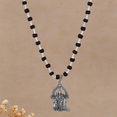 MK Gallery Karugali Mala with Lord Murugan Idol Pendant Rhodium Metal Pendant Set