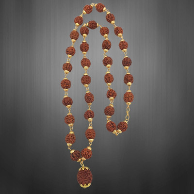 FLY PL STORE Natural & Original 5 Mukhi Rudraksha Mala Cap Mala For Men & Women Gold-plated Beads Brass, Alloy Pendant Set
