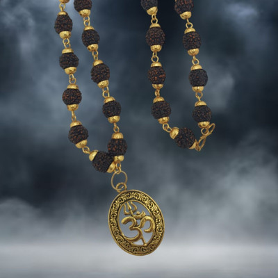 Kuttumb Gems & Jewels Black 5 Mukhi Rudraksha Mala in Silver Designer Caps (7 mm) - Natural Rudraksha Gold-plated Beads Brass, Wood Pendant
