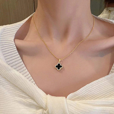 CARIA JEWELLERY COLLECTION Reversible Anti-Tarnish Clover Pendant - Inspired by Van Cleef Cubic Zirconia, Onyx Alloy Pendant