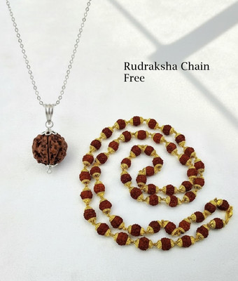 Ceylonmine01 One Mukhi Original Certified Rudraksha Pendant with 5 Faces Rudraksha Chain Free Silver Beads Alloy Pendant