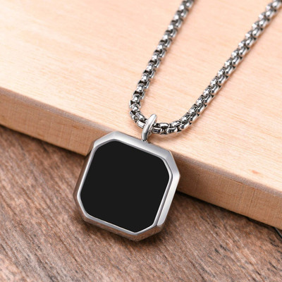 vs unique collections Hexagonal Black Pendant Chain for Men | Silver-Plated Stainless Steel Necklace Silver Stainless Steel Locket Set
