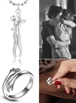 zebisco Z534_Couple Hugging Hand Hug Me Thumb Finger Ring And Locket Pendant Sterling Silver, Platinum, Gold-plated Cubic Zirconia Stainless Steel, Alloy, Titanium Pendant Set