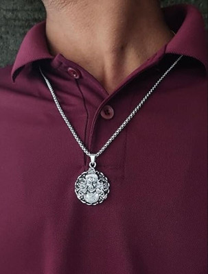 Whitechimes Bajrang Bali Hanuman Ji Pendant Oxidised Silver Chain For Men With Box Chain Rhodium Stainless Steel Locket