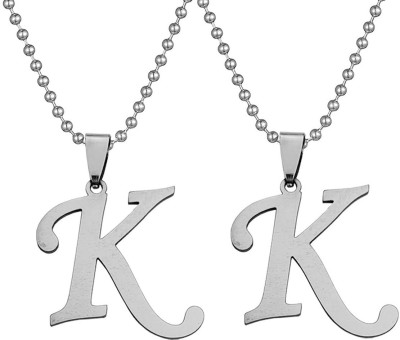 P. R. PRINTS Set Of 2 Silver Name English Alphabet 'K' Letter Pendant Locket Necklace Chain Silver Plated Stainless Steel Necklace Set