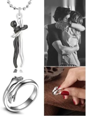 zebisco Z341_Couple Hugging Hand Hug Me Thumb Finger Ring And Locket Pendant Sterling Silver, Platinum, Gold-plated Cubic Zirconia Stainless Steel, Alloy, Titanium Pendant Set