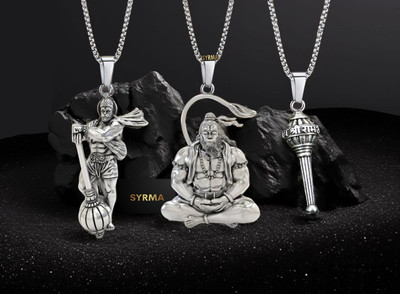 Riingzinee Pack of 3 Hanuman Pendant for Men and Women, Evil Protector Hanuman Gada Locket Silver Stainless Steel Locket