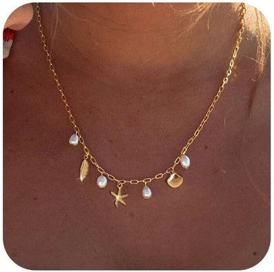 gustave Gold Seashell Starfish Pendant Necklace with Pearls for Women Summer Gold-plated Pearl Stainless Steel Pendant