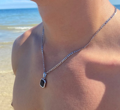 ShobhRam Black Onyx Octagon Inlay Square Pendant/Necklace, Men Black Onyx Amulet Pendant Silver Agate Stainless Steel Pendant