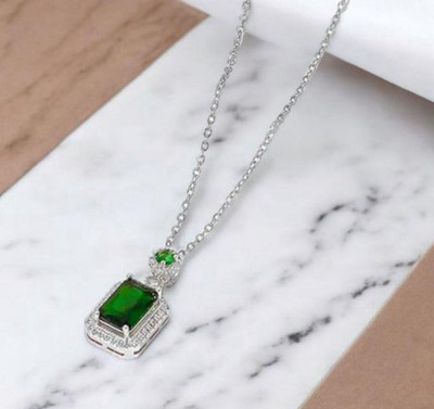 VESTURE KNOT American Diamond Green Square/Rectangle & Round Pendant/Locket In Silver Chain Silver Cubic Zirconia Silver Locket