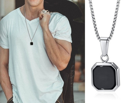 SELENITE F 757_RR JSE-BLACK CUBE 789 Silver Agate Stone Pendant Set