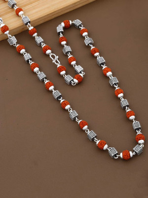 EiVAA Premium Silver Coated Rudraksha Mala with Unique Design 24 inch 7 mm Beads Mala Brass