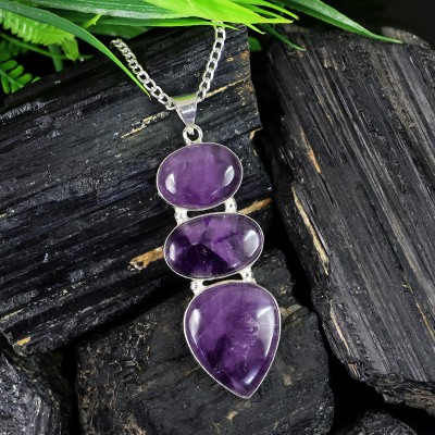 REIKI CRYSTAL PRODUCTS Natural Amethyst Pendant Locket Oval Shape Three With Metal Chain for Unisex Amethyst, Agate, Crystal Stone Pendant