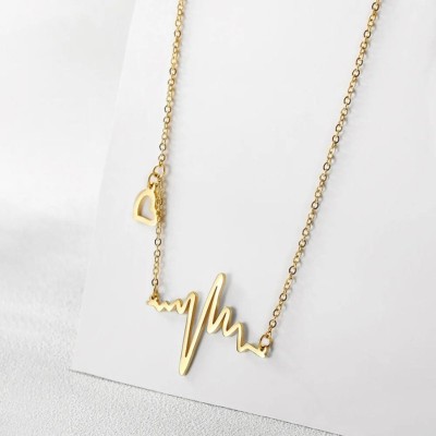 FashionFussion Gold Tone Heartbeat Pendant Necklace for Women Stainless Steel Pendant Set